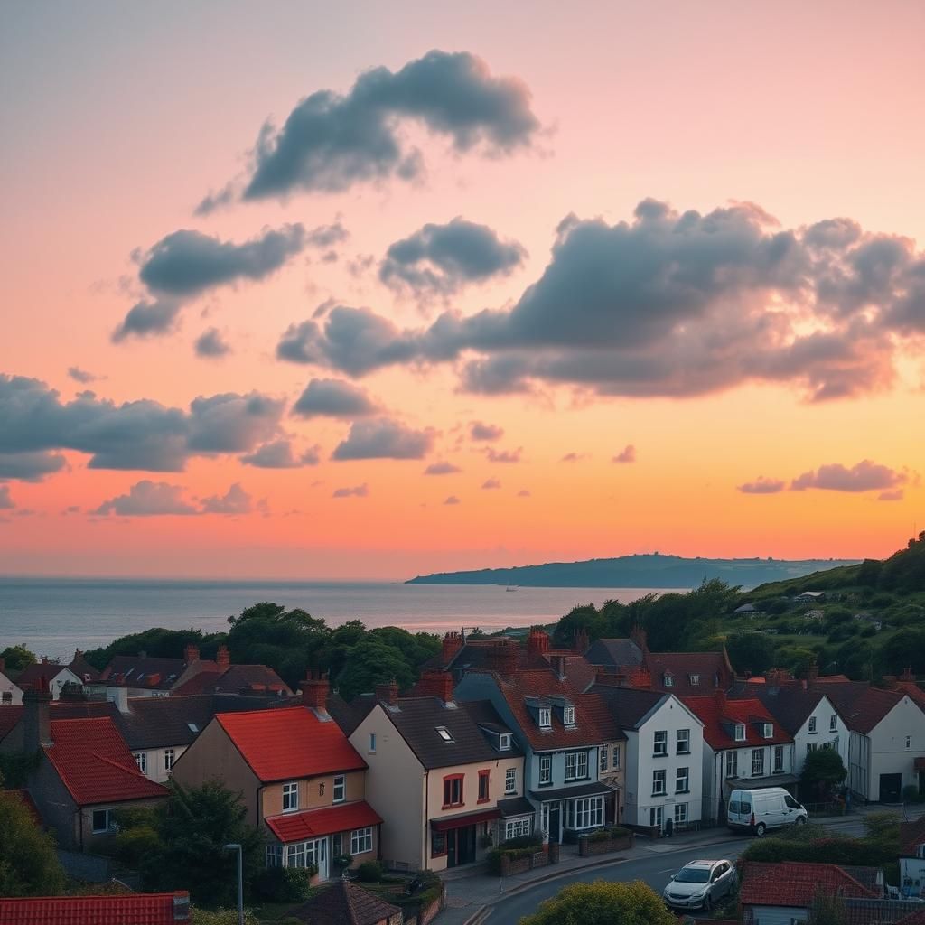 Pink Sunset Over Quaint Seaside Town