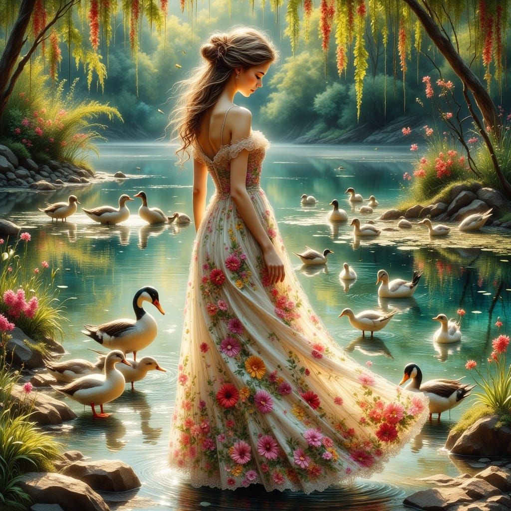 Elegant Woman Feeding Ducks by Lake, Mucha Style