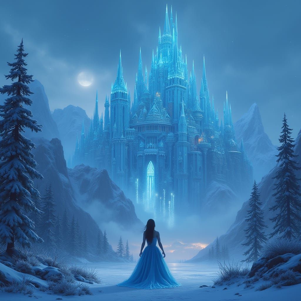 Majestic Glass Castle Under Snowy Night Sky