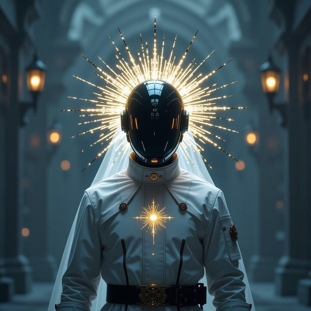 Gothic Baroque Futuristic Priest in Cyberpunk Spacesuit