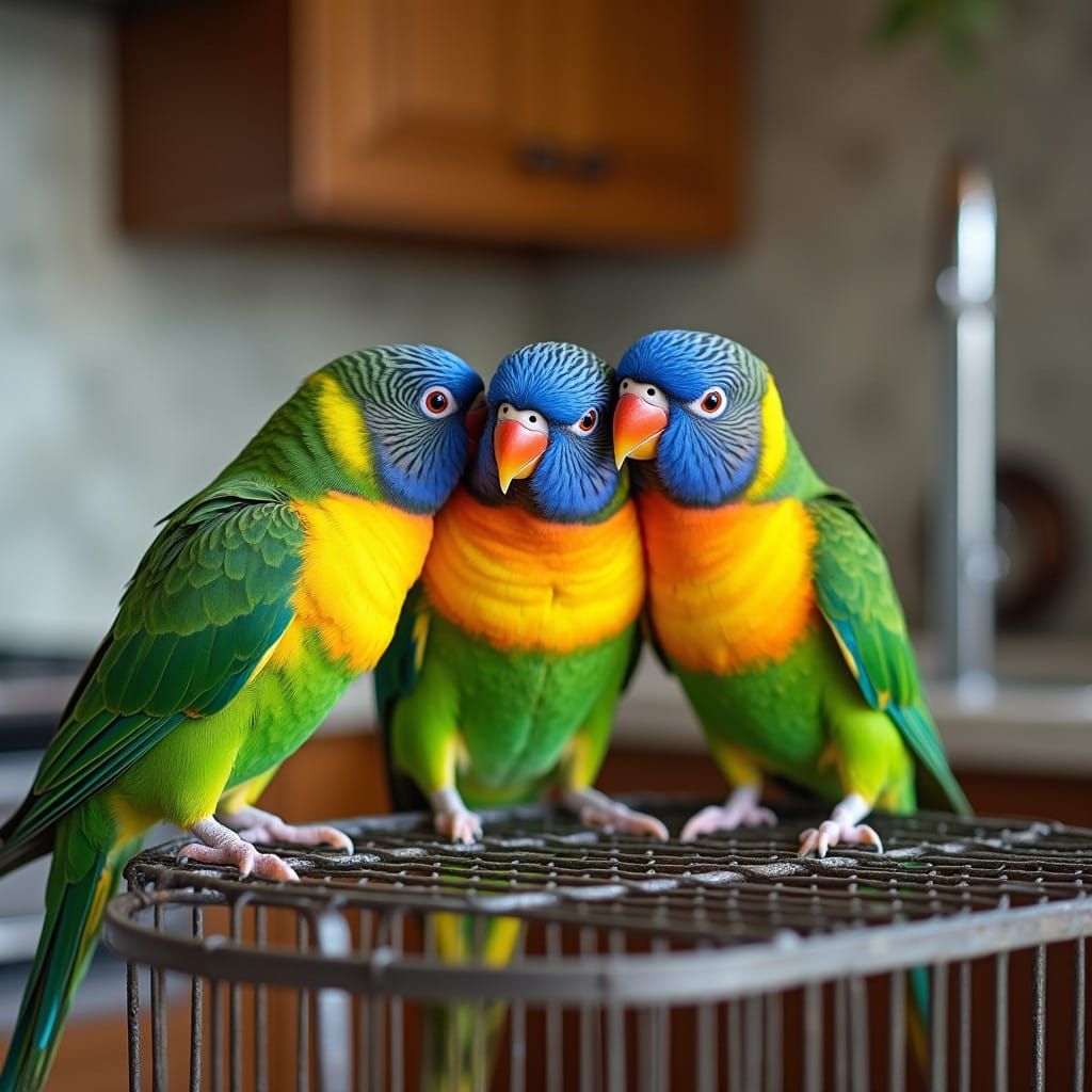 Harlequin Parakeets Snuggle Up in Luxury Kitchen