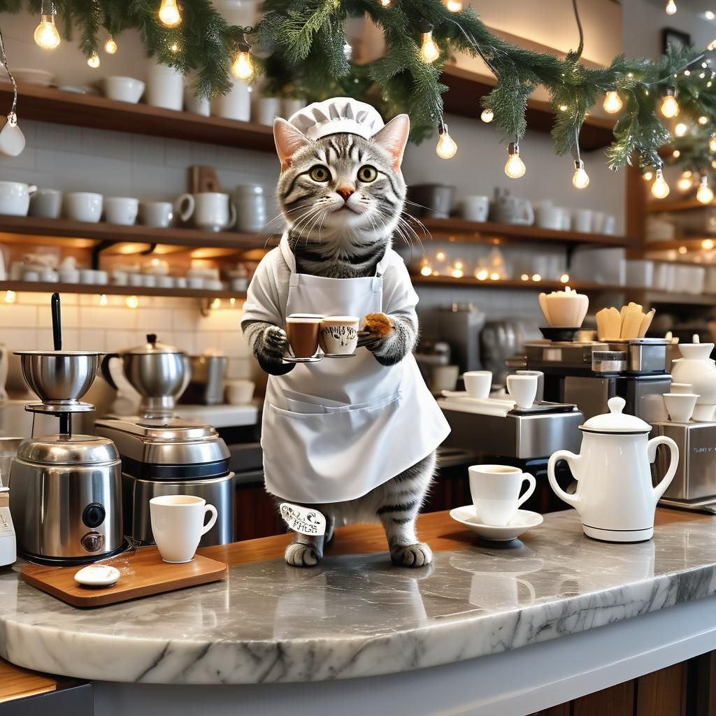Cat Barista in Cozy Coffee Shop: Digital Painting