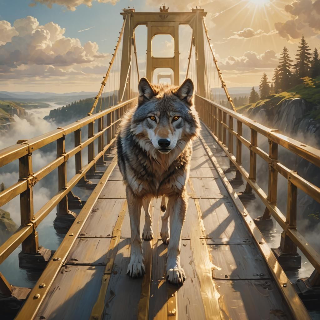 Fenrir Wolf on Golden Bridge: Ethereal Oil Painting