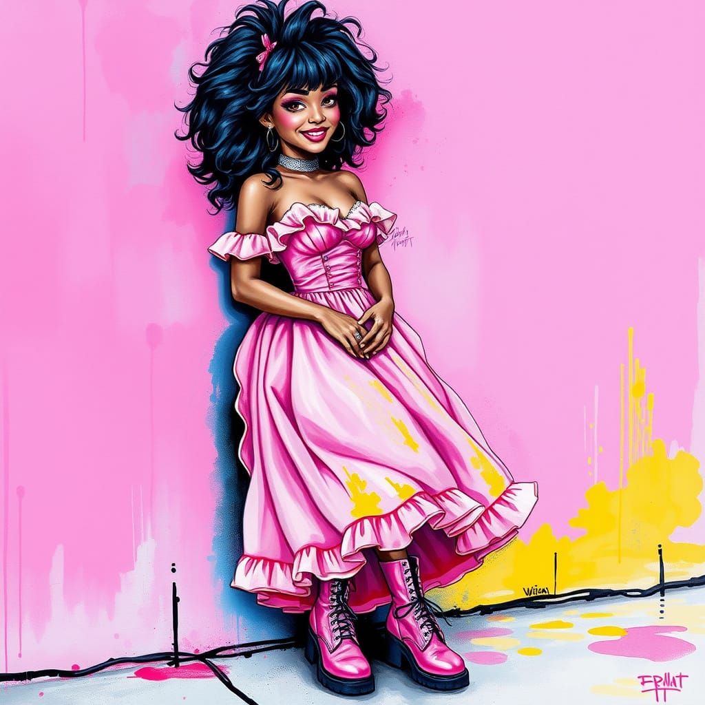 Woman in Pink Ballgown and Boots, Watercolor Graffiti Art