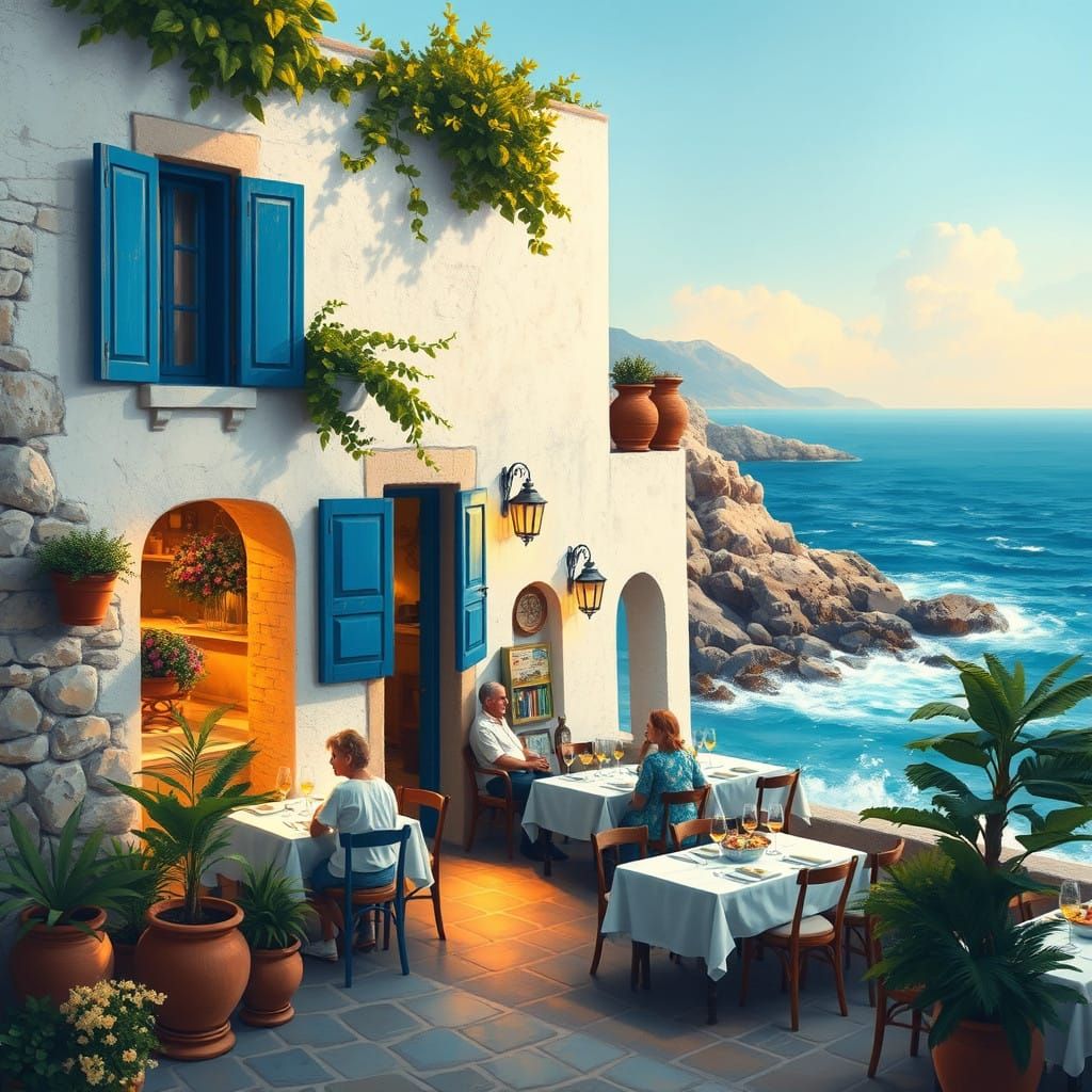 Traditional Greek Taverna in Vibrant Oceanfront Setting