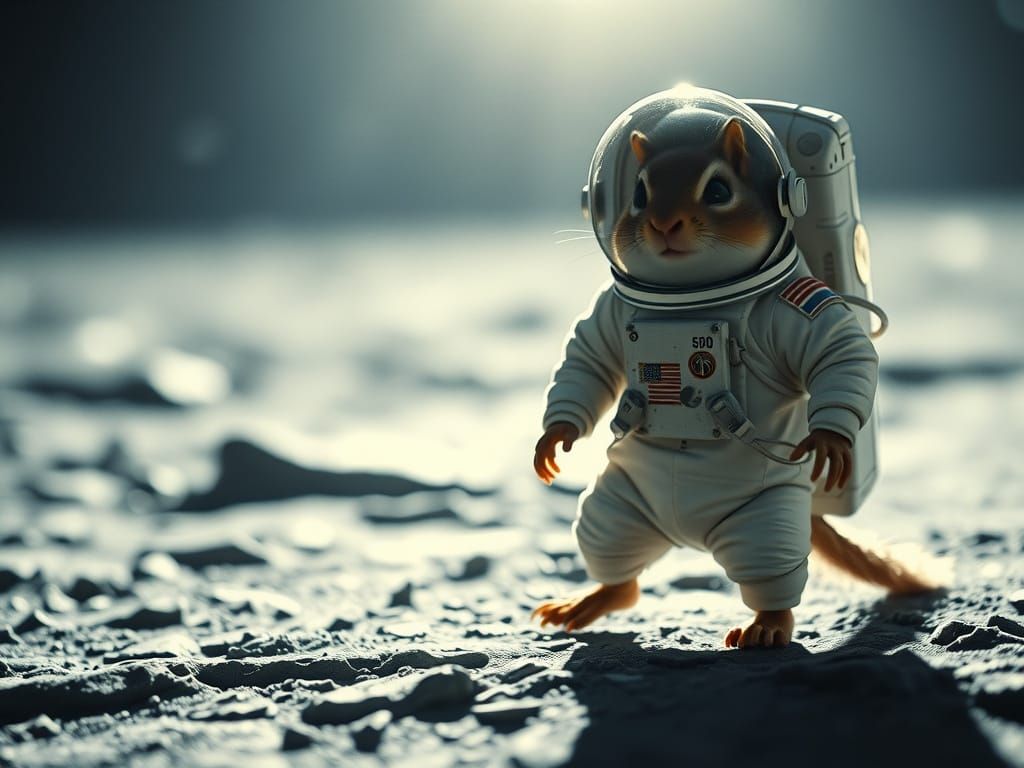 Chipmunk Astronaut Walks on Moon in Cinematic Film Still