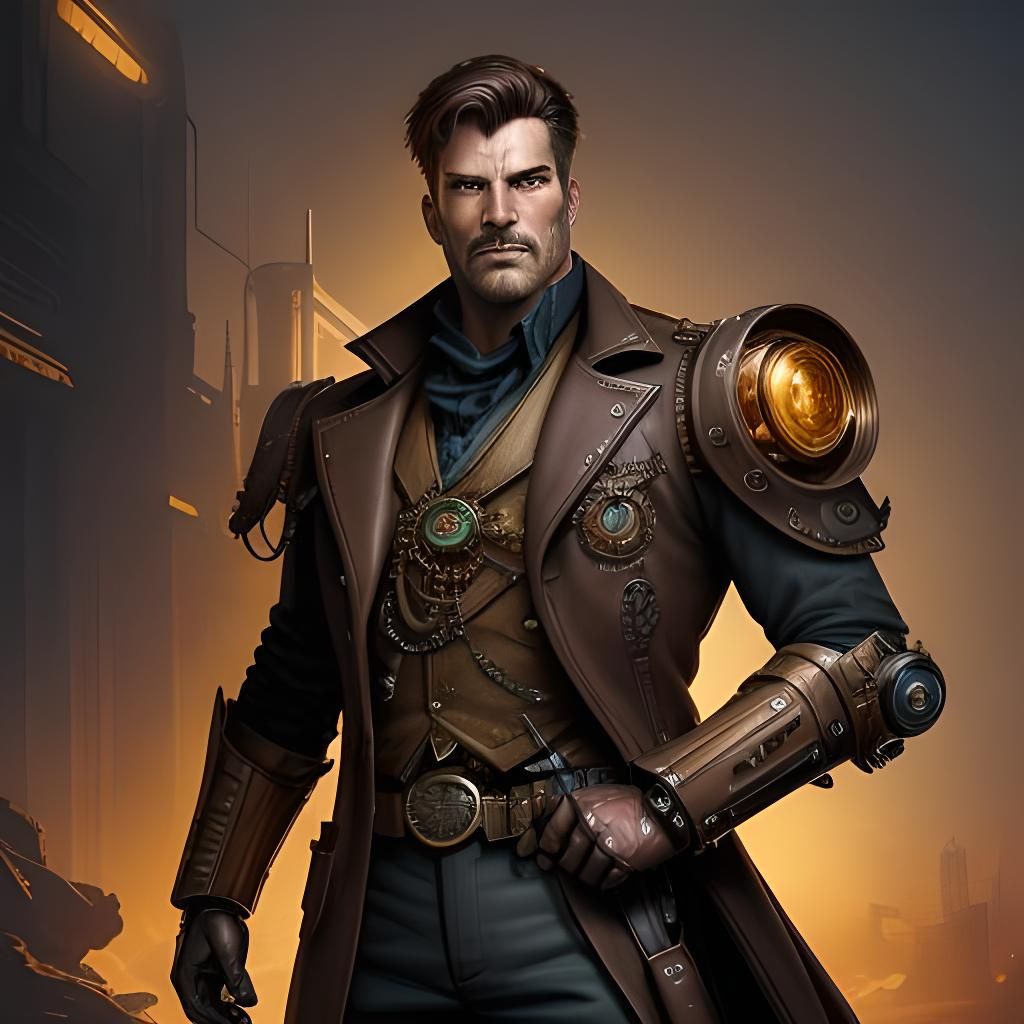 Steampunk Man with Gold Robot Arm Comic Art