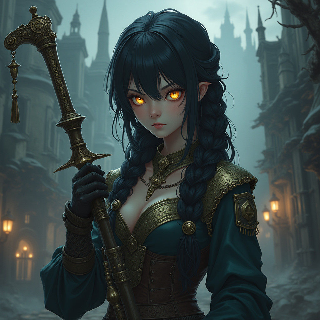 Anime Hunter in Gothic Cityscape