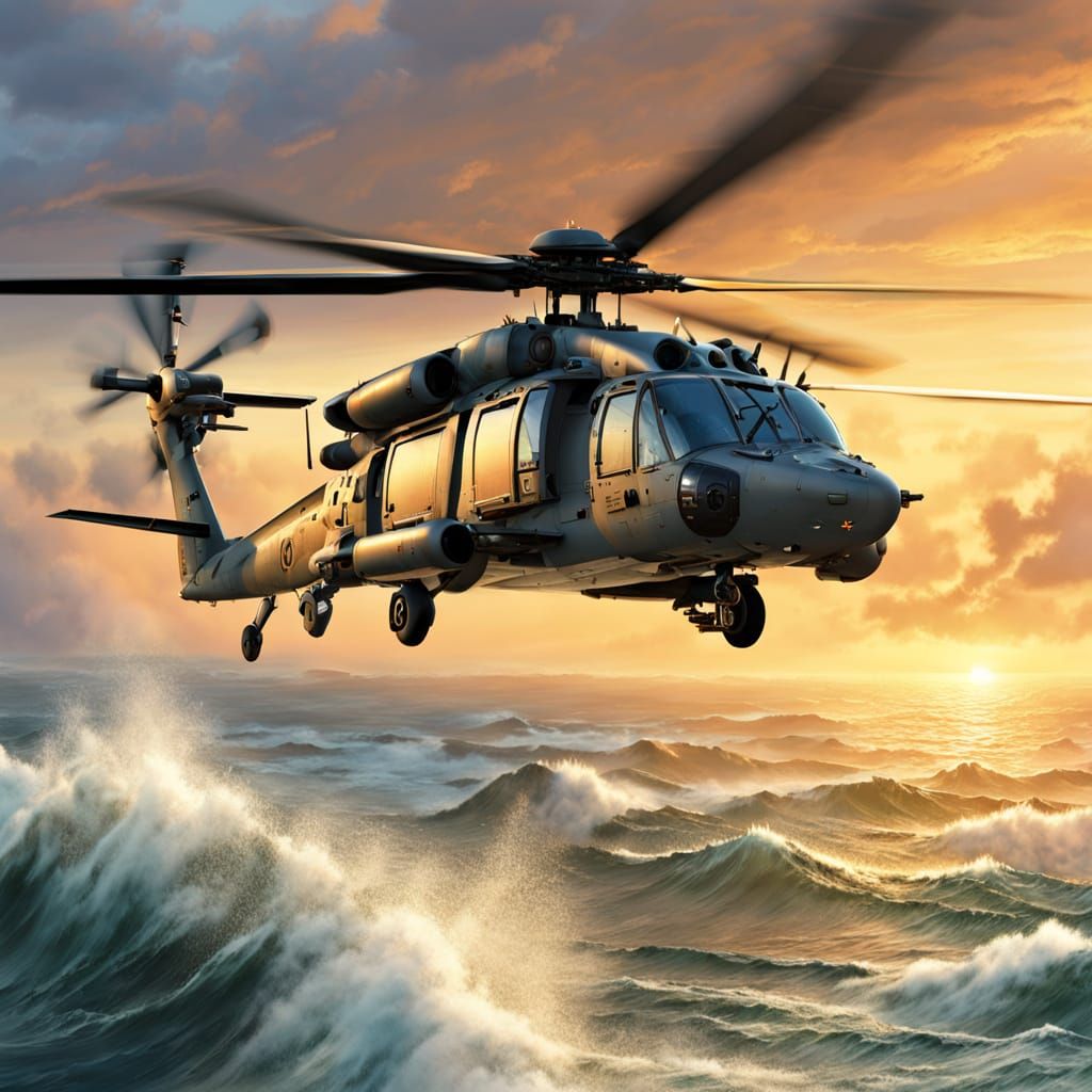 SH-60 Seahawk Helicopter in Flight Over Ocean Sunset
