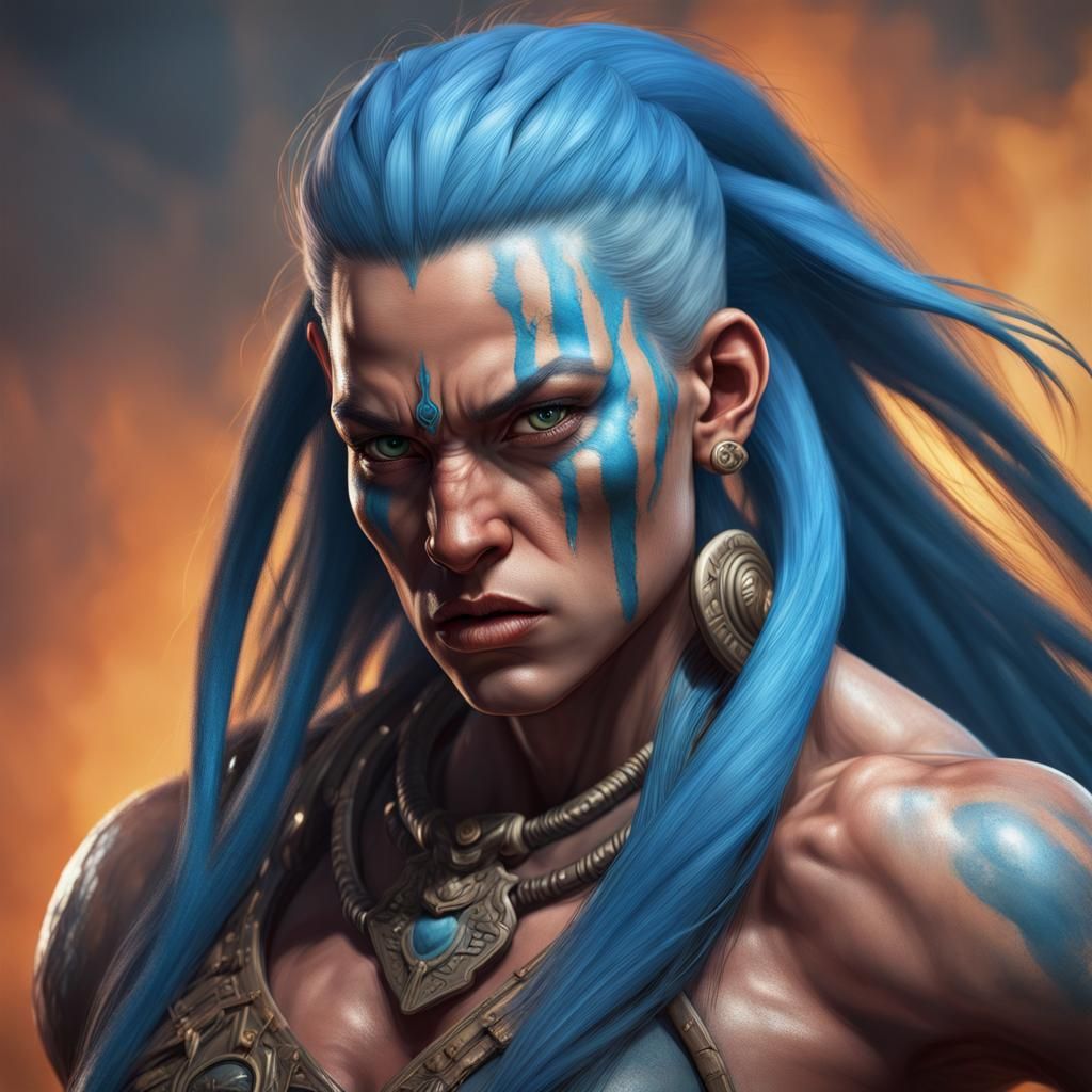 Fierce Blue-Haired Barbarian Woman Portrait