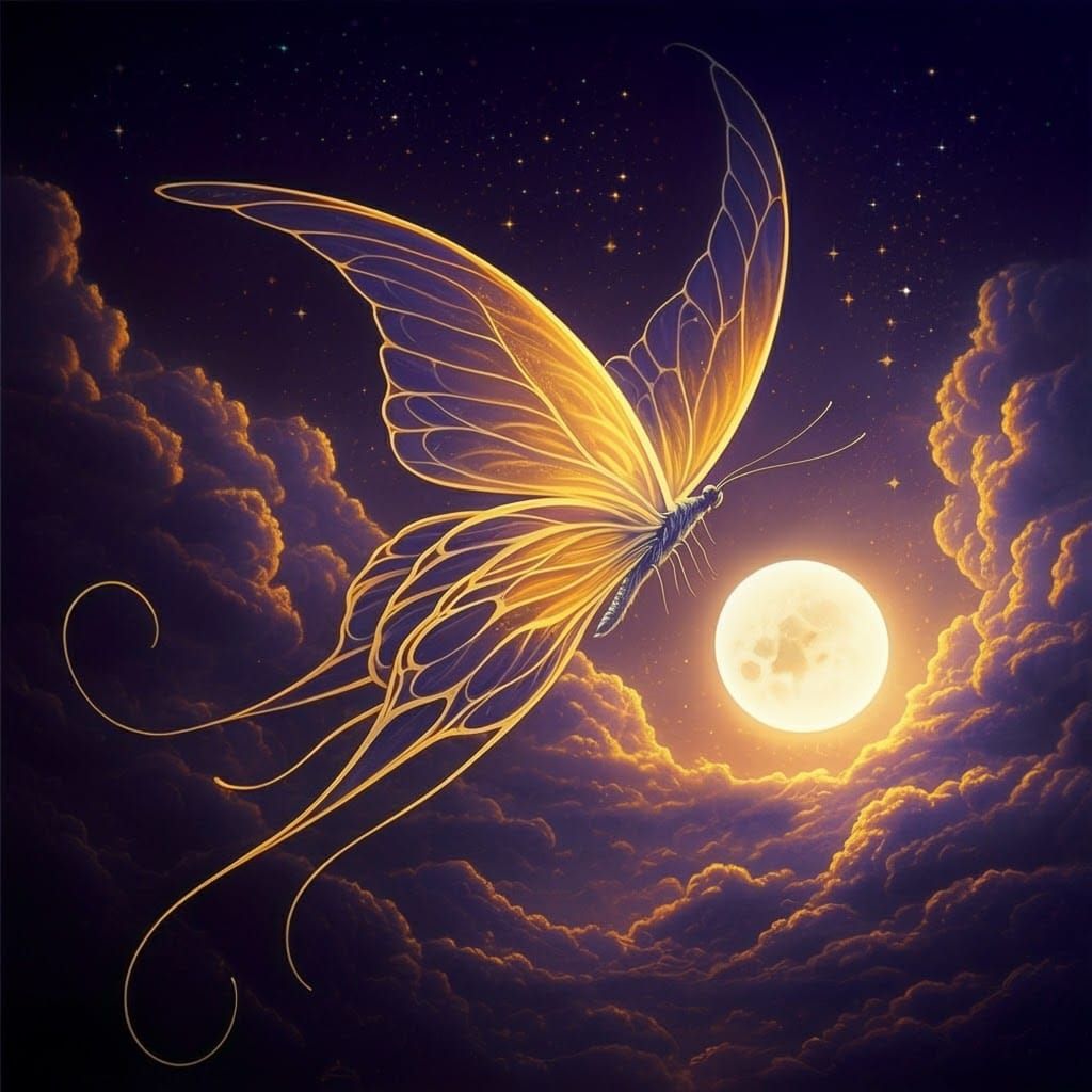 Ethereal Butterfly Gliding Through Moonlit Clouds