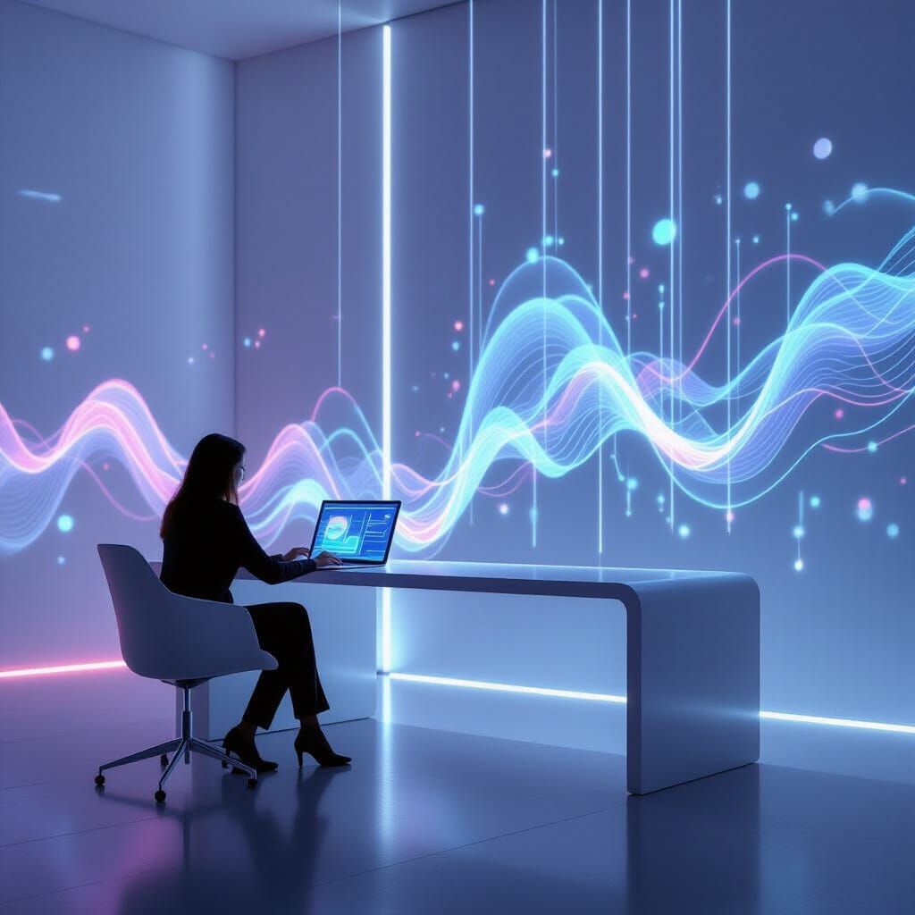 Futuristic Figure at Holographic Desk with Data Visualizatio...