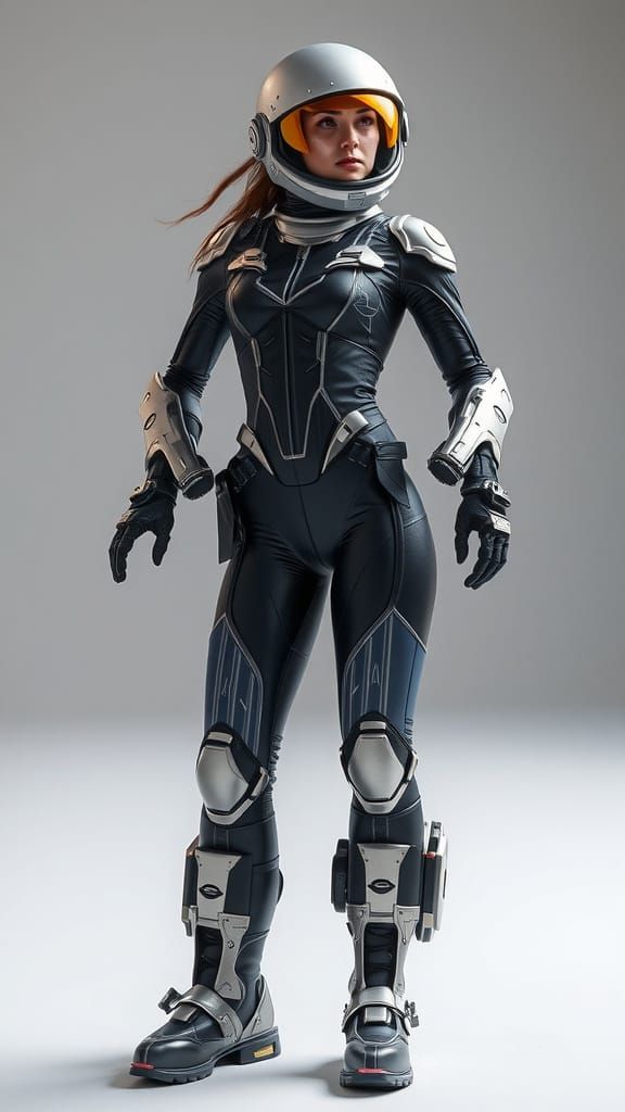 Space Warrior in Metallic Space Suit with Reflective Surface...