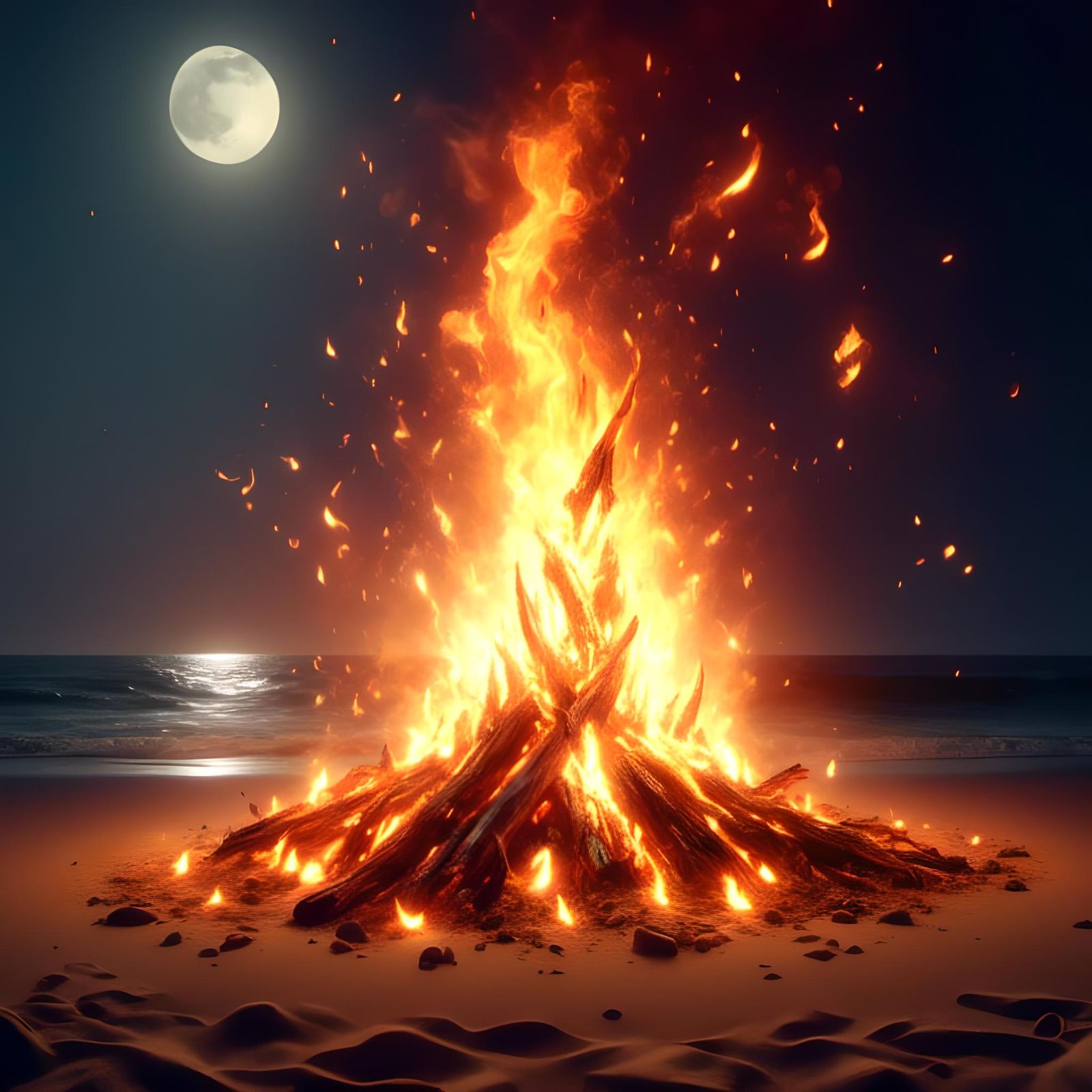 Hyperrealistic Bonfire on Ocean Beach at Night