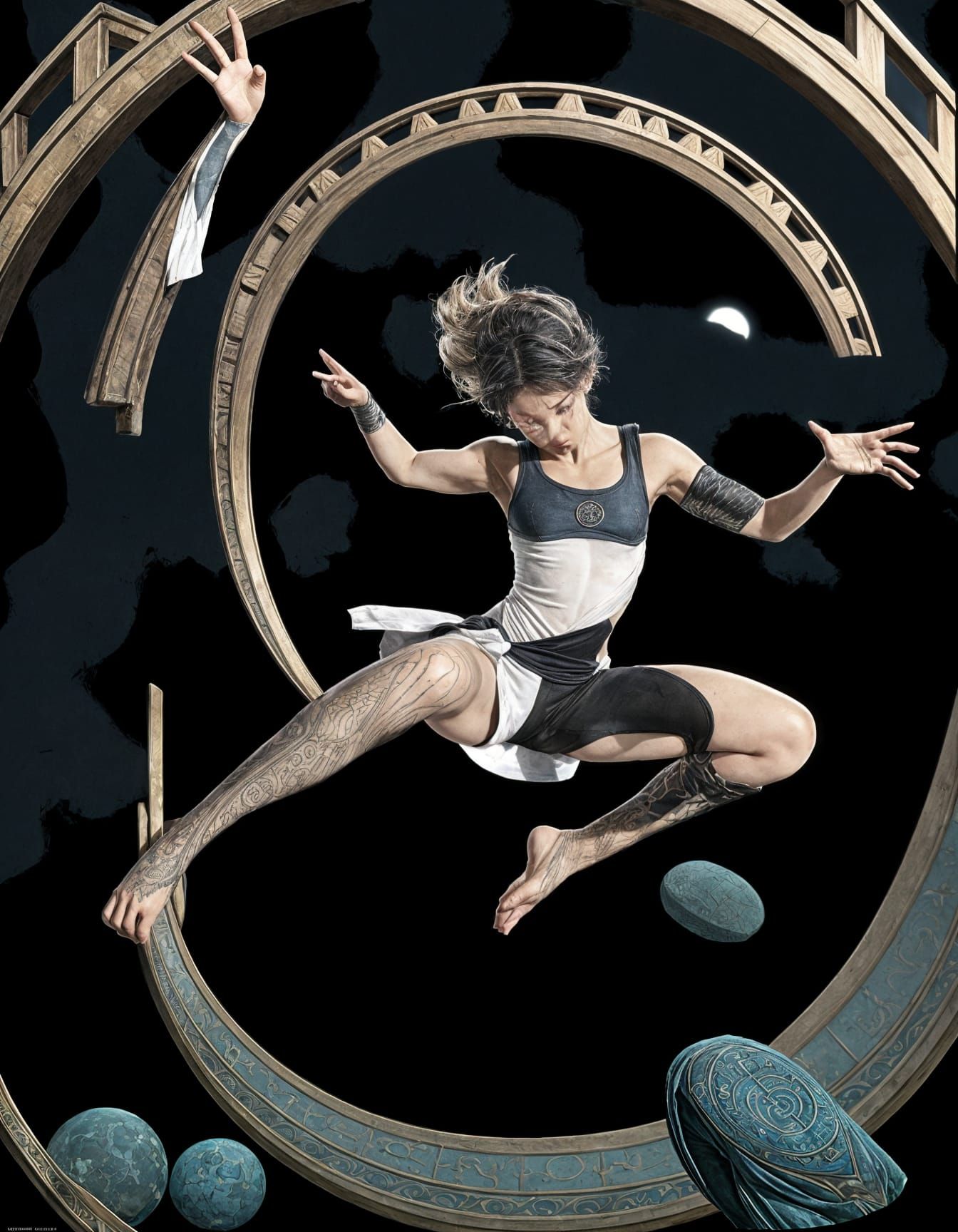 Seven Goats Gather Stones in a Vibrant, Mixed Media Style