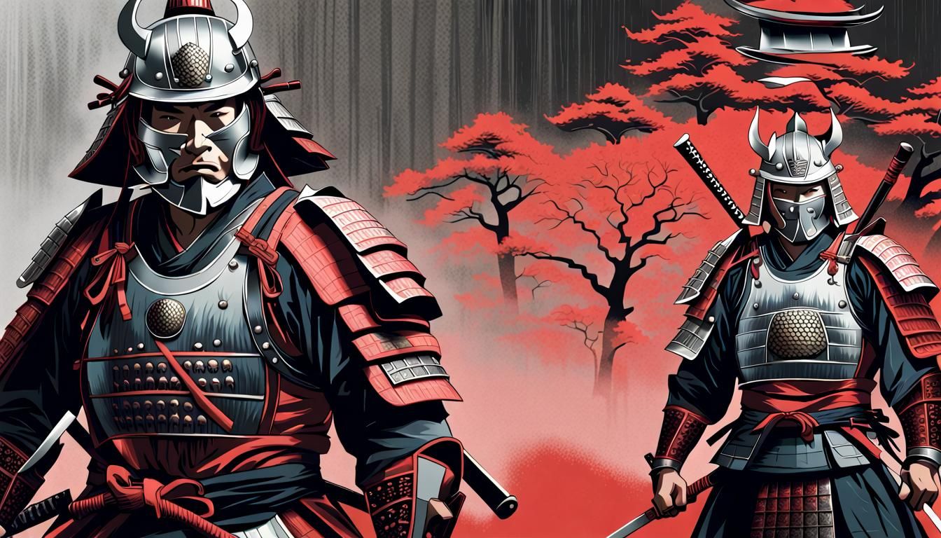 Cinematic Samurai Warriors in Silkscreen Style