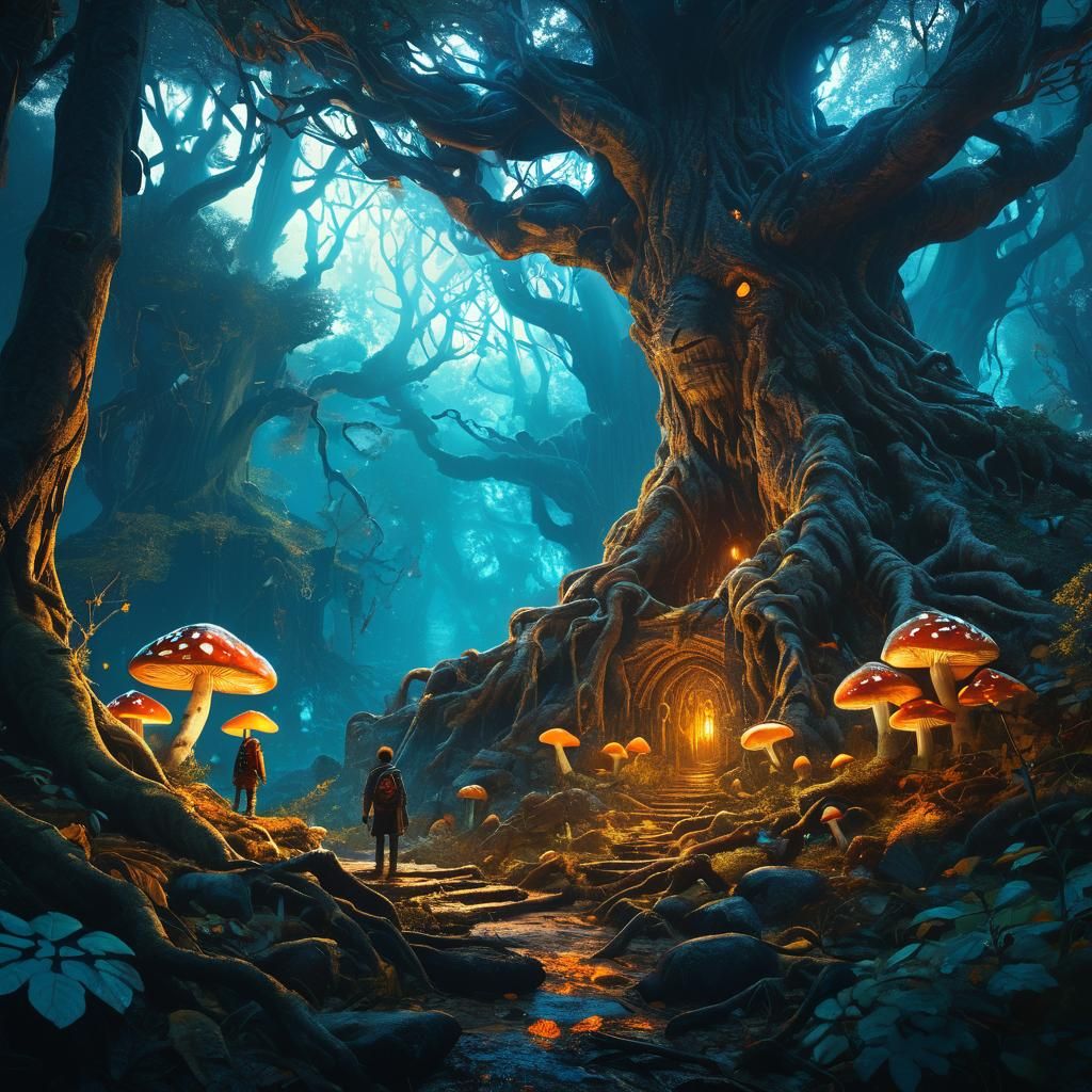 Mystical Forest Scene with Adventurer: Fantasy Concept Art