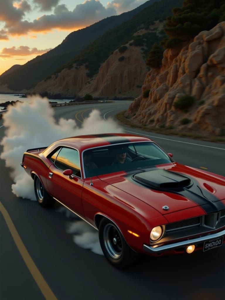 1970 Plymouth Barracuda Drifting at Sunset