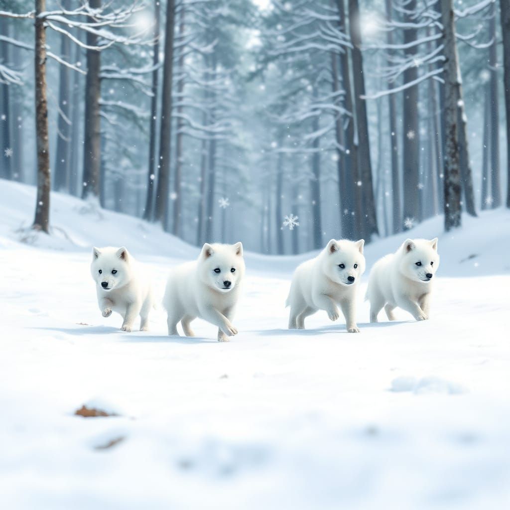 Winter Wonderland of Six Tiny White Direwolf Pups in Snowy F...