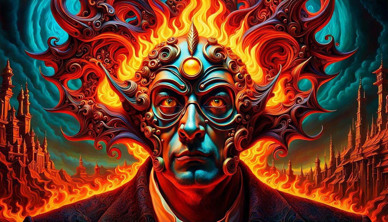 Steampunk Fire Mage Face in Melting Oil Style