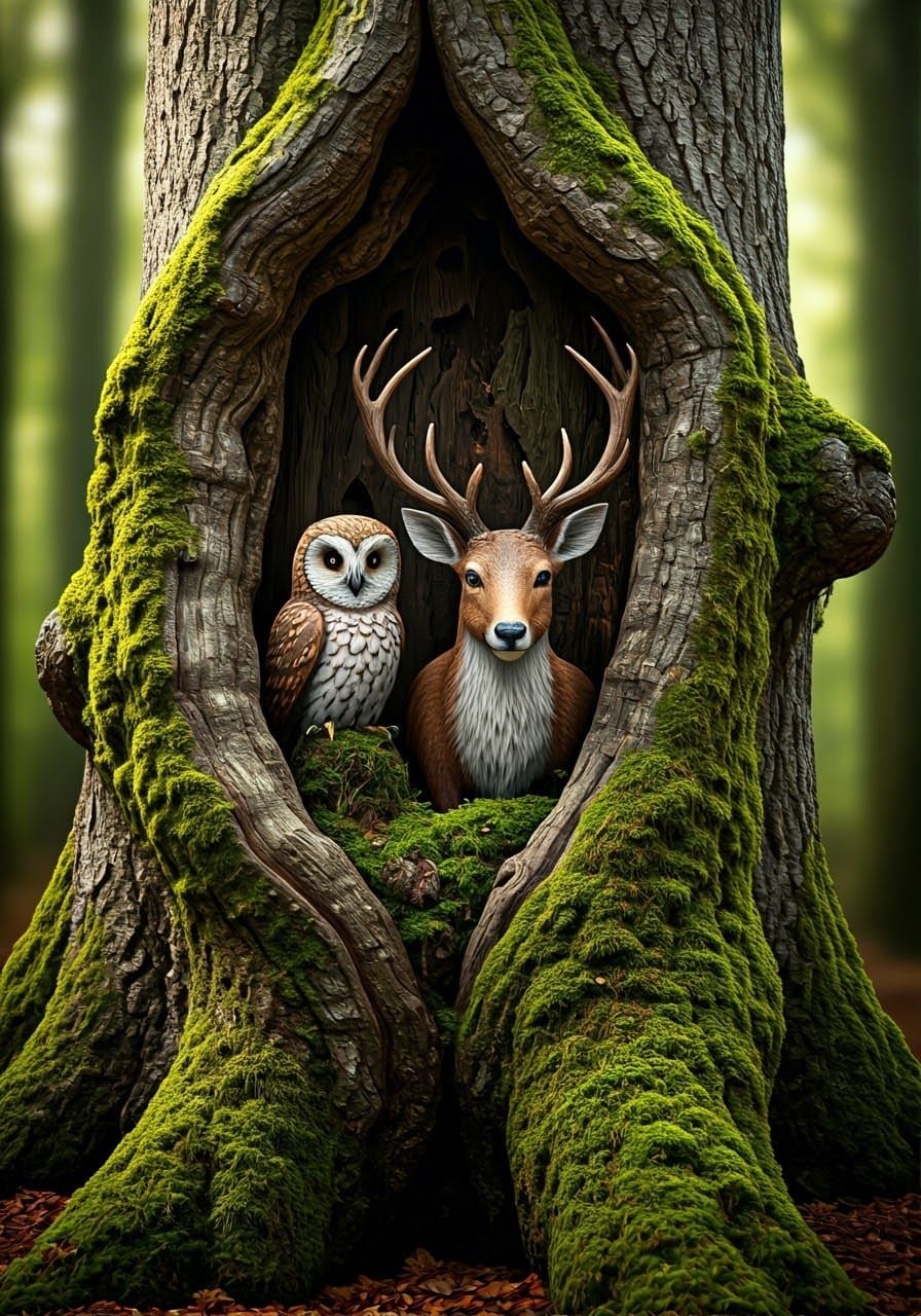 Photorealistic Carved Animals Emerge From Ancient Tree