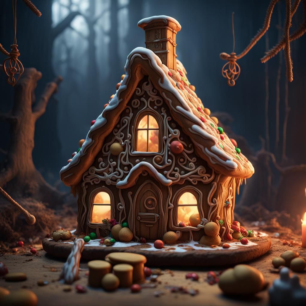Hansel and Gretel in Destroyed Gingerbread House