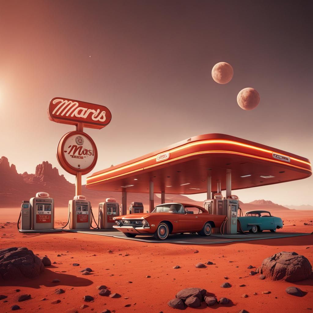 Retro Gas Station on Mars: Detailed Matte Painting