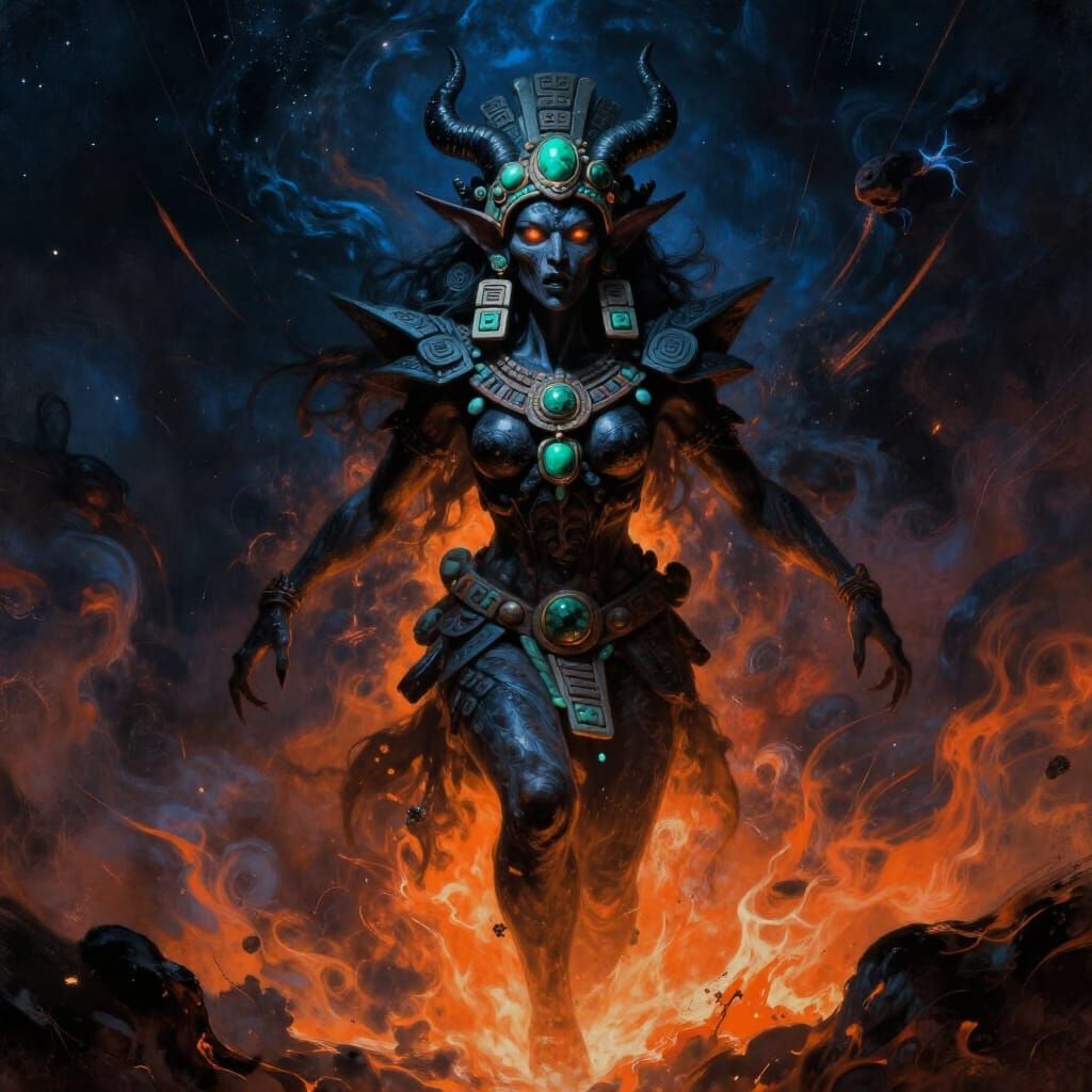 Solitary Aztec Demoness Descends in Dark Fantasy Style