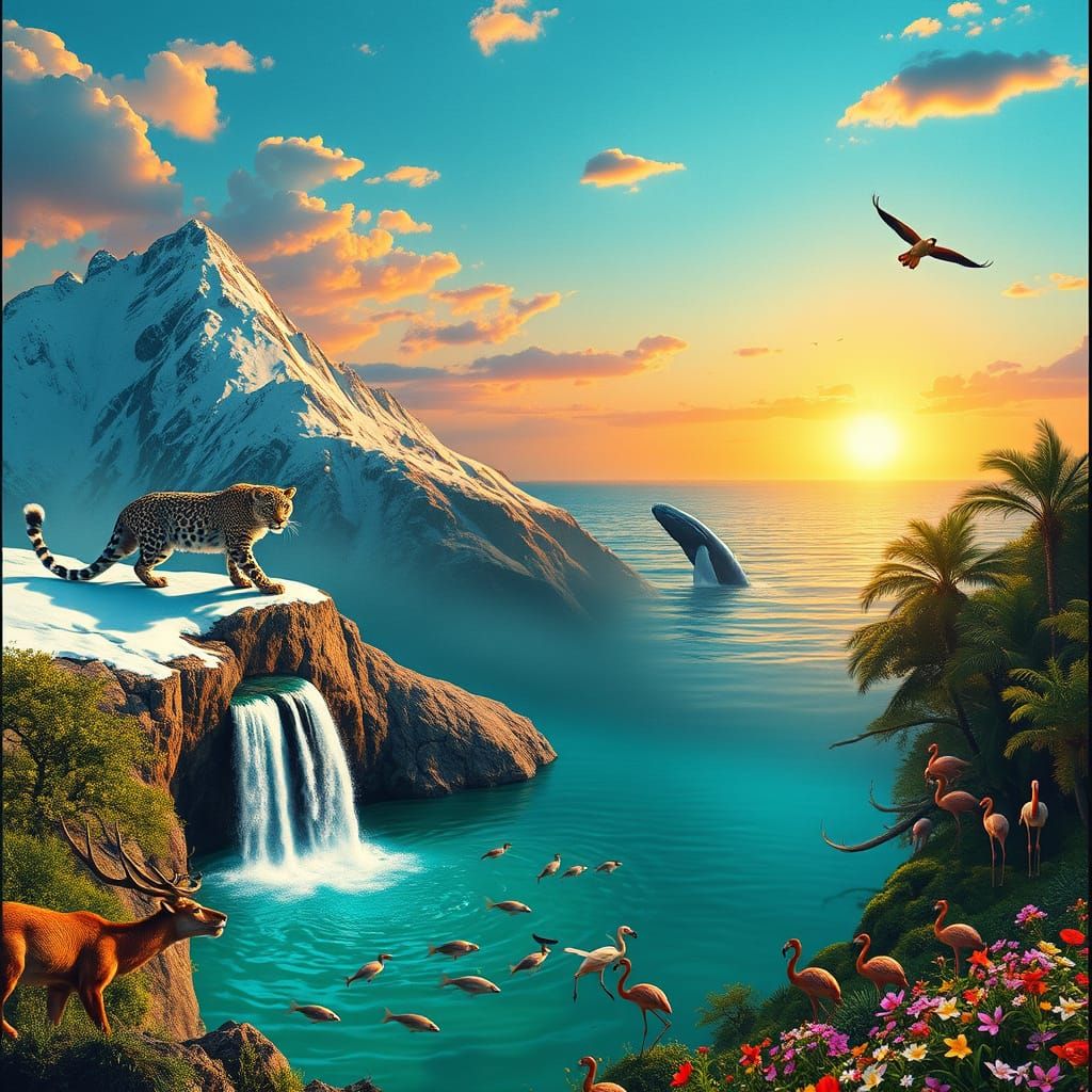 Wildlife Panorama with Snow Leopard and Fiery Sunset