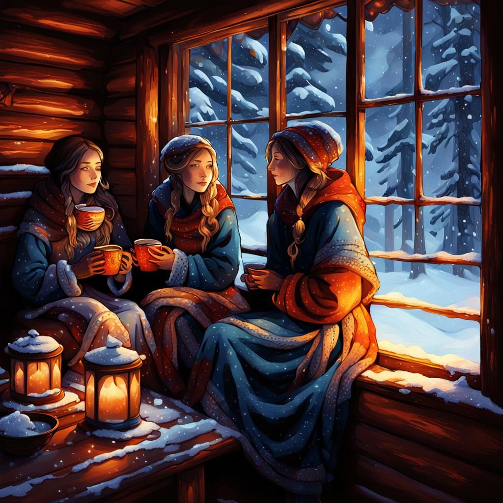 Cozy Cabin: Women Enjoying Hot Cocoa in Winter