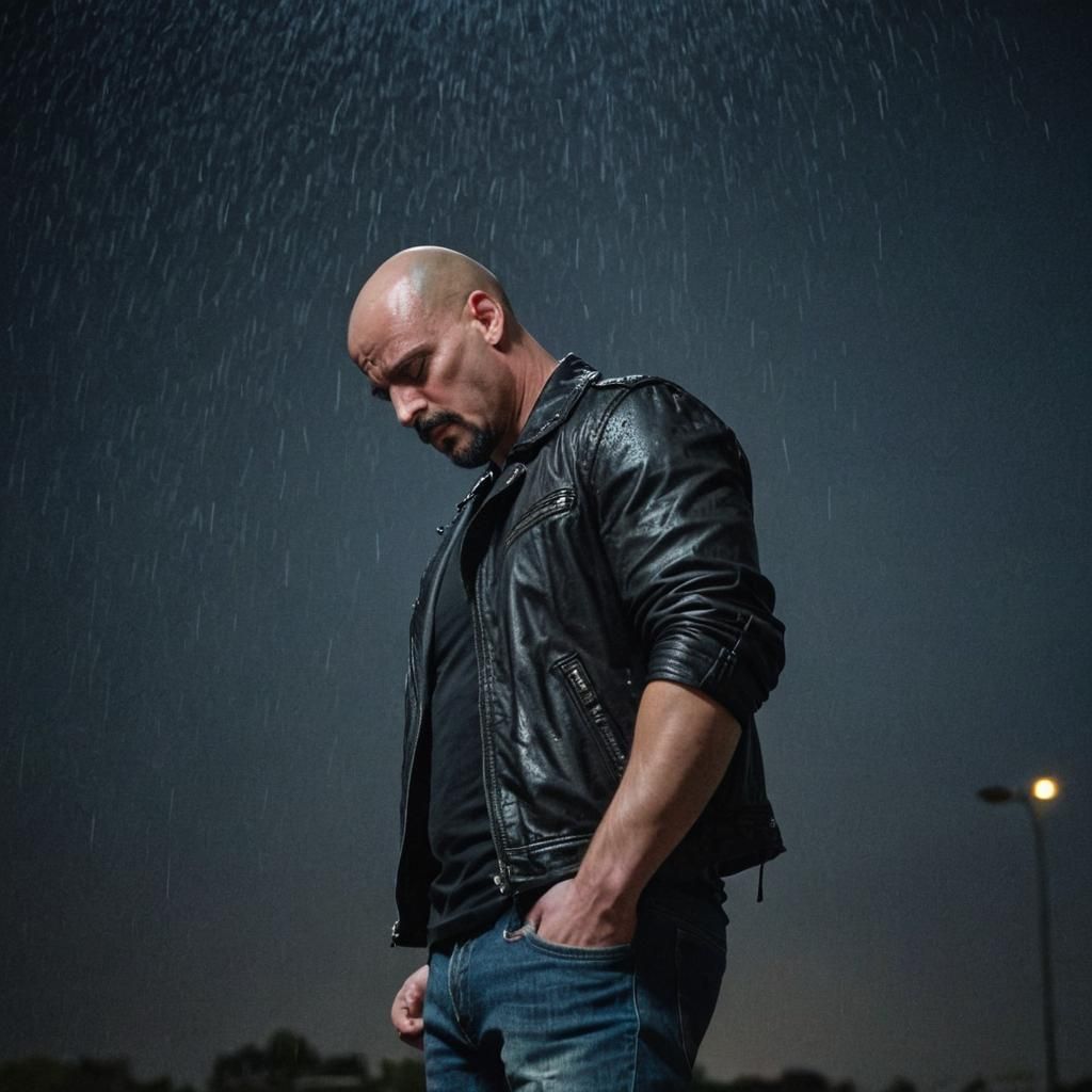 Muscular Man in Leather Jacket Gazing Down in Rain