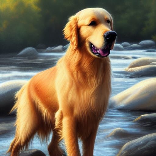 Golden Retriever Portrait at Golden Hour, Detailed Painting