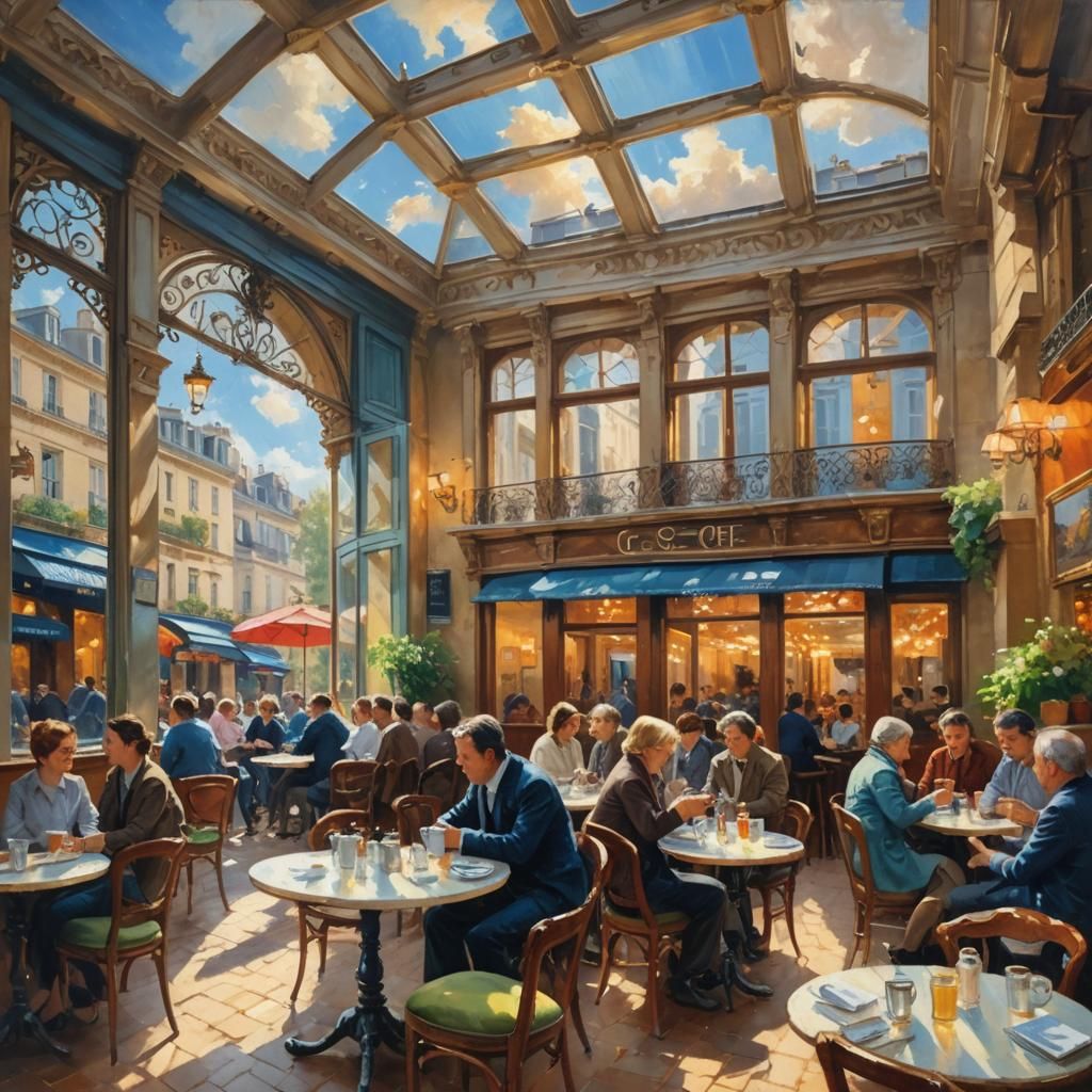 Vibrant Parisian Cafe Scene in Impressionist Style