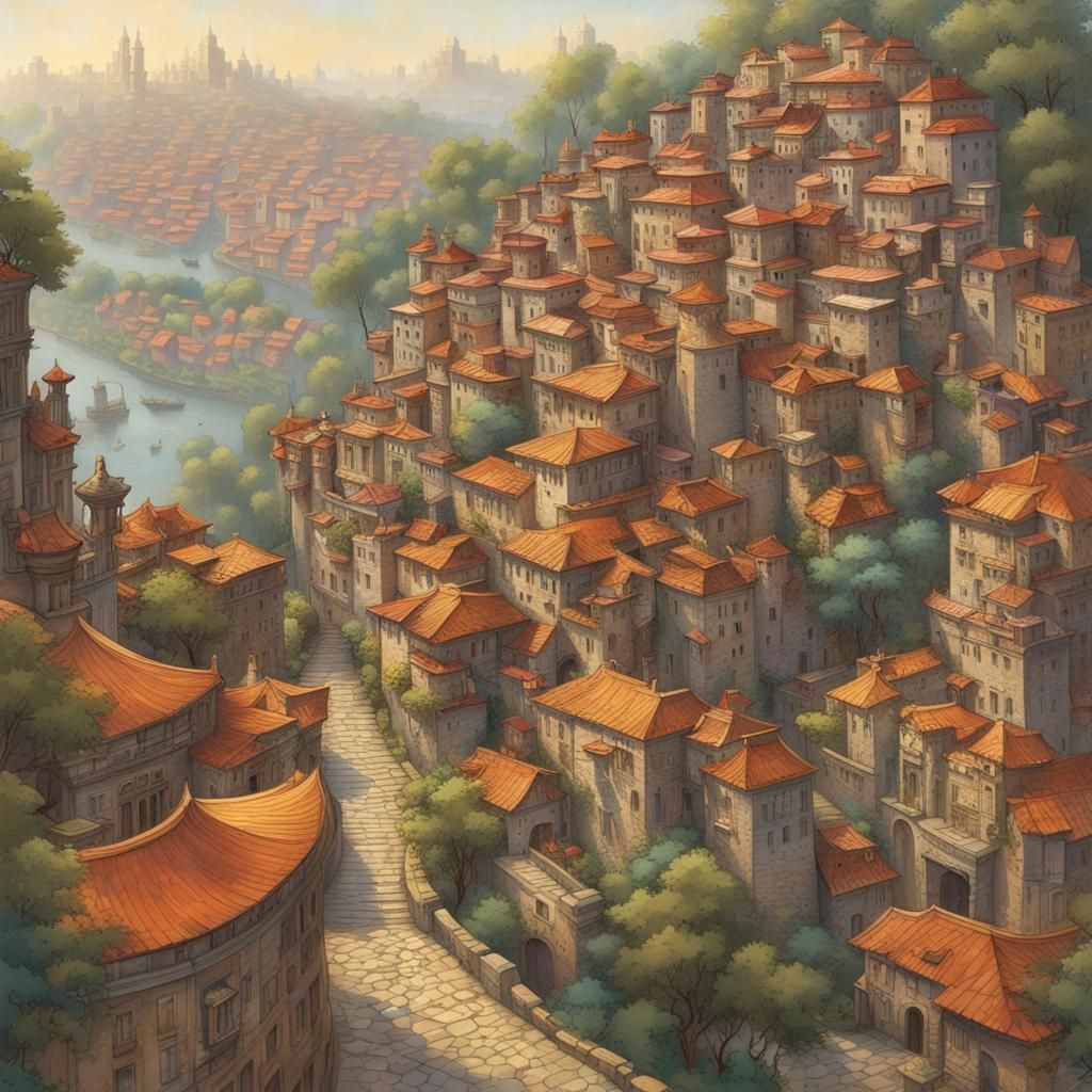 Colorful Hillside Cityscape with Bronze Gate, as Graffiti Ar...