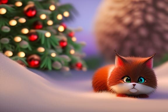 Adorable Kitten with Christmas Present, Anime Style