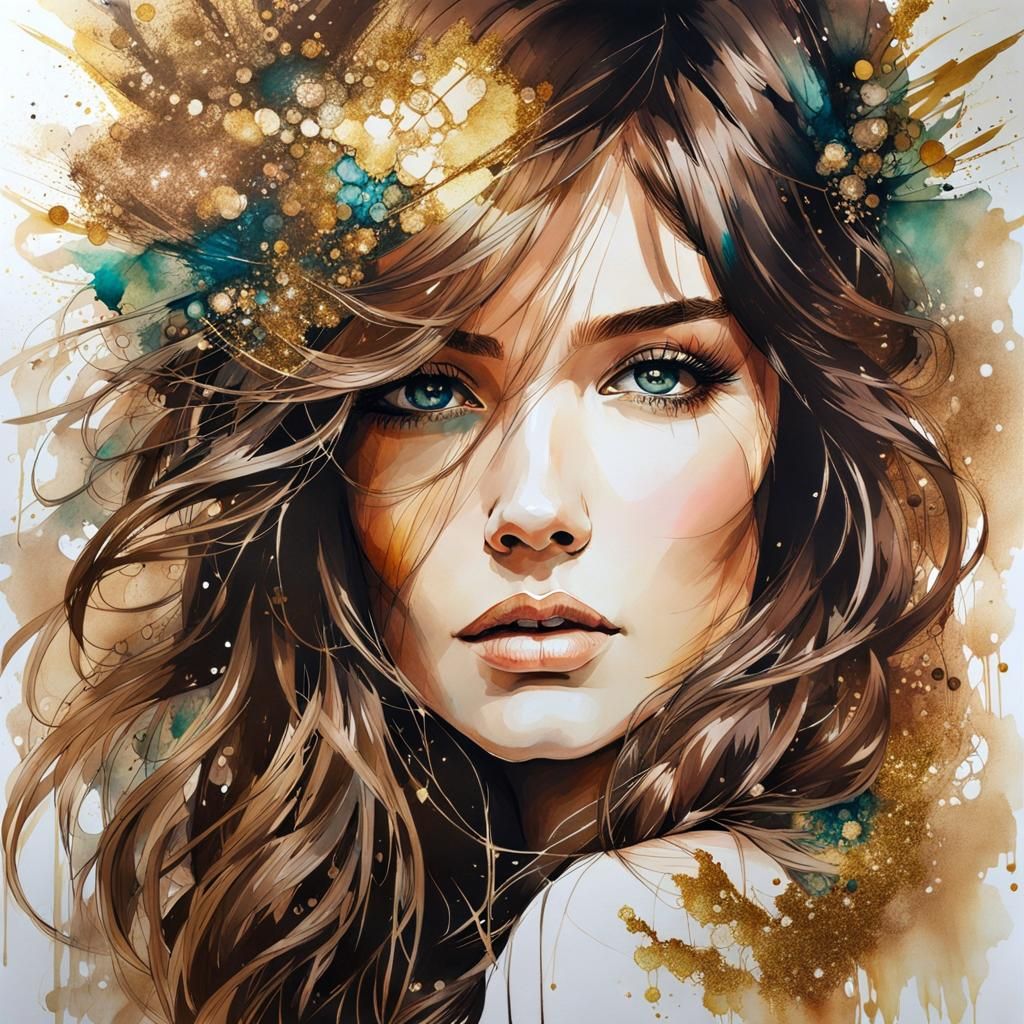 Intricate Portrait with Alcohol Ink and Gold Glitter