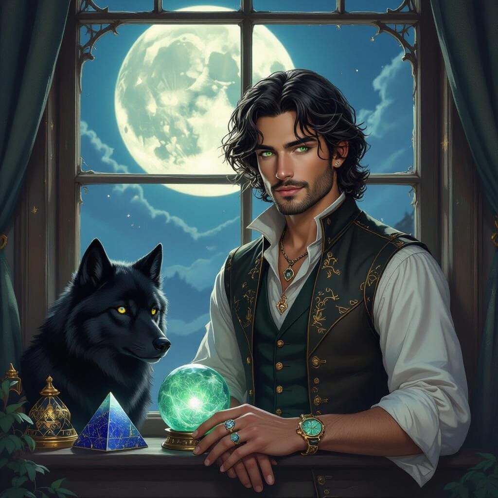 Mystical Wizard Under Full Moon in Surreal Style