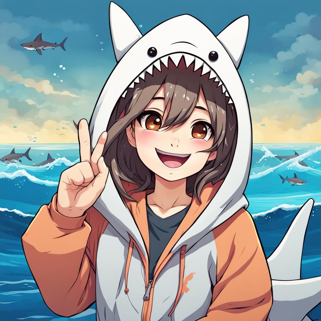 Anime Girl in Shark Hoodie, Kawaii Style