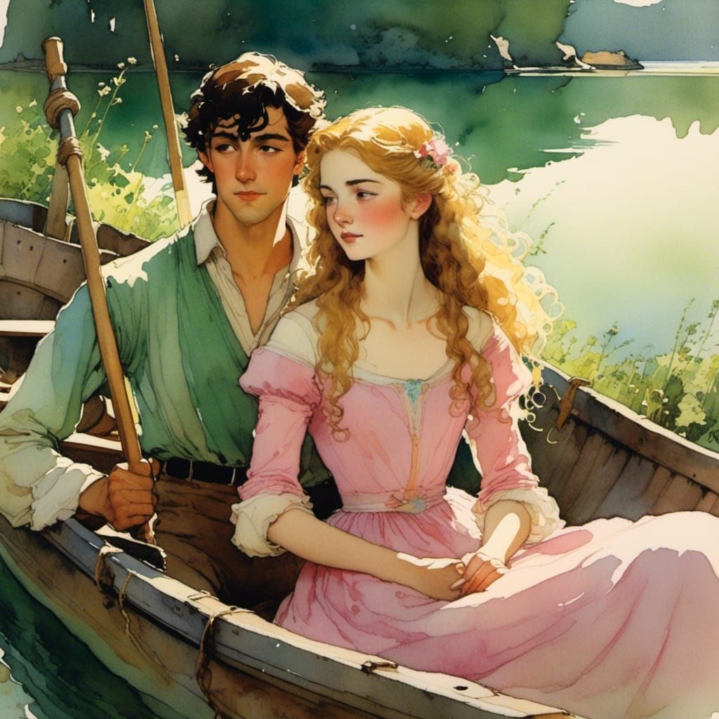 Sorrowful Maiden in Rowboat, Detailed Digital Painting