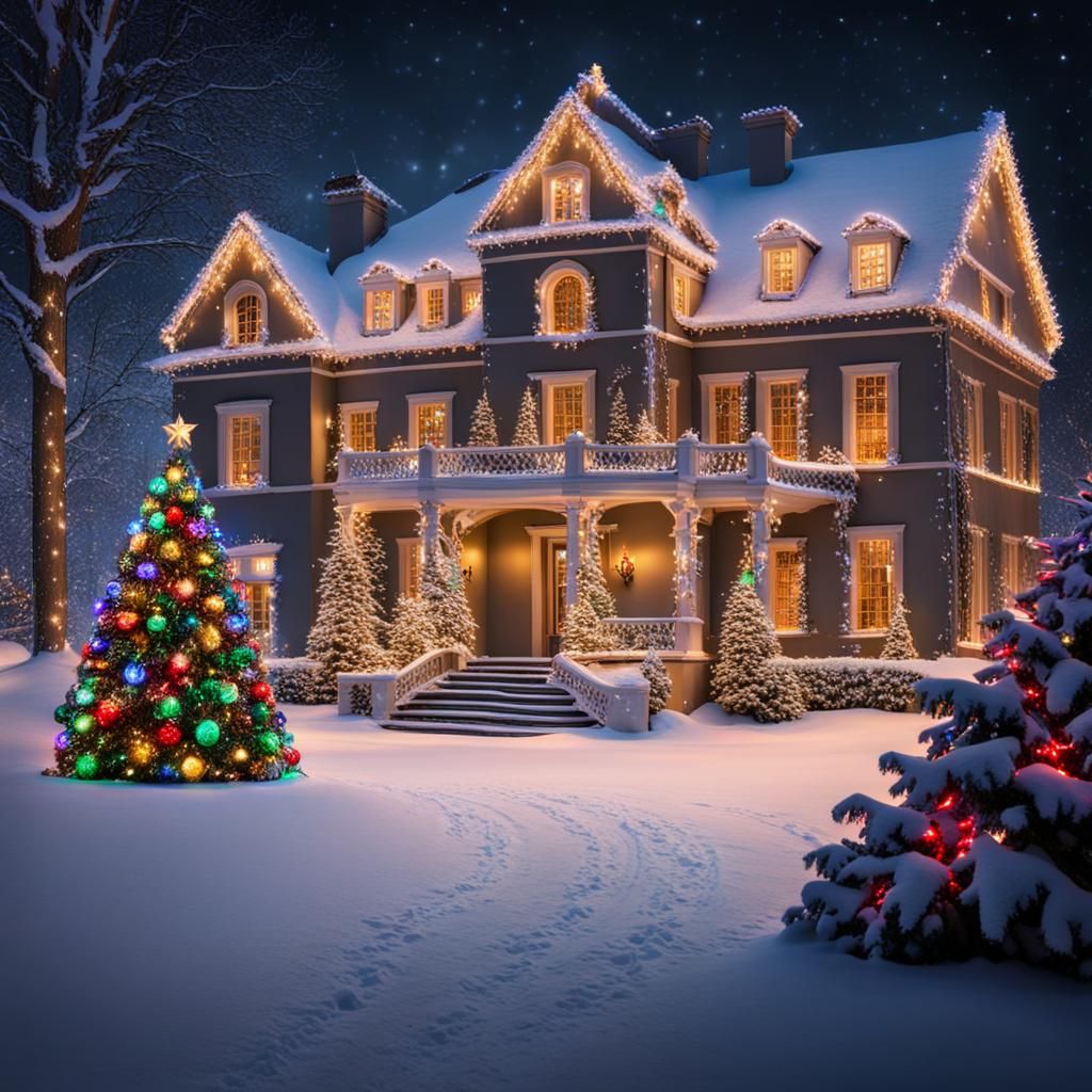 Christmas Mansion with Colorful Lights in Snowy Scene