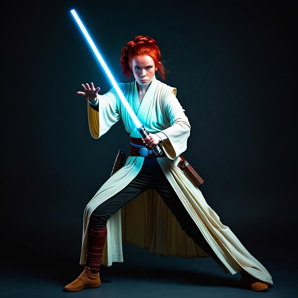 Red-Haired Jedi with Lightsaber in Dramatic Pose
