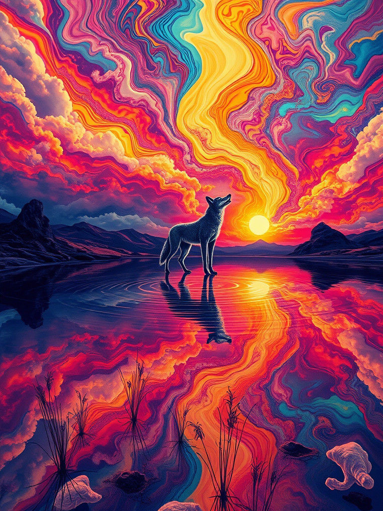 Vibrant Coyote Initiation Ritual in Surreal, Dreamlike Lands...