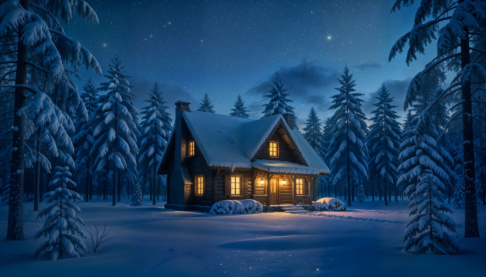 Realistic Snow-Covered Cottage at Twilight