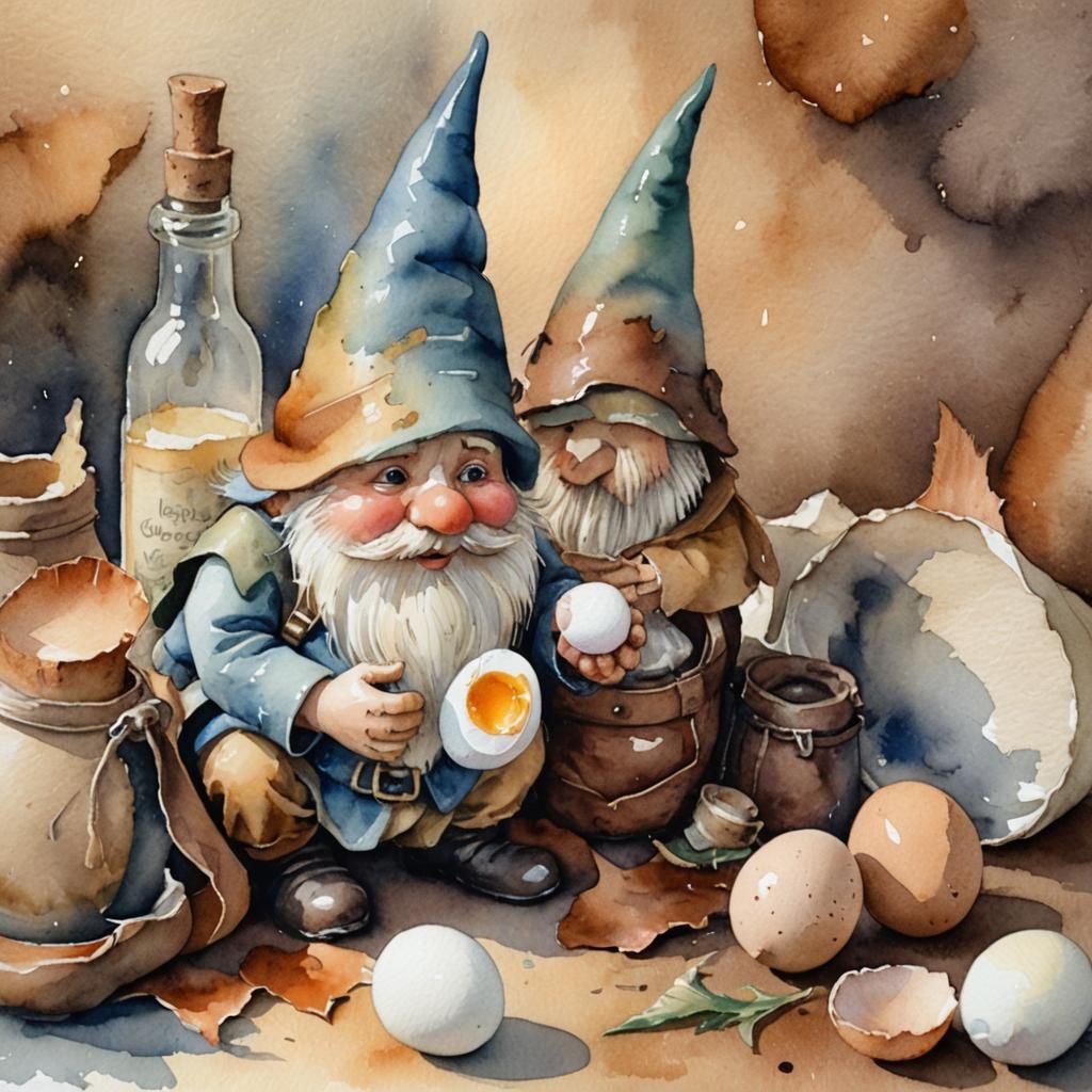 Bottle Gnome with Egg in Watercolor Style