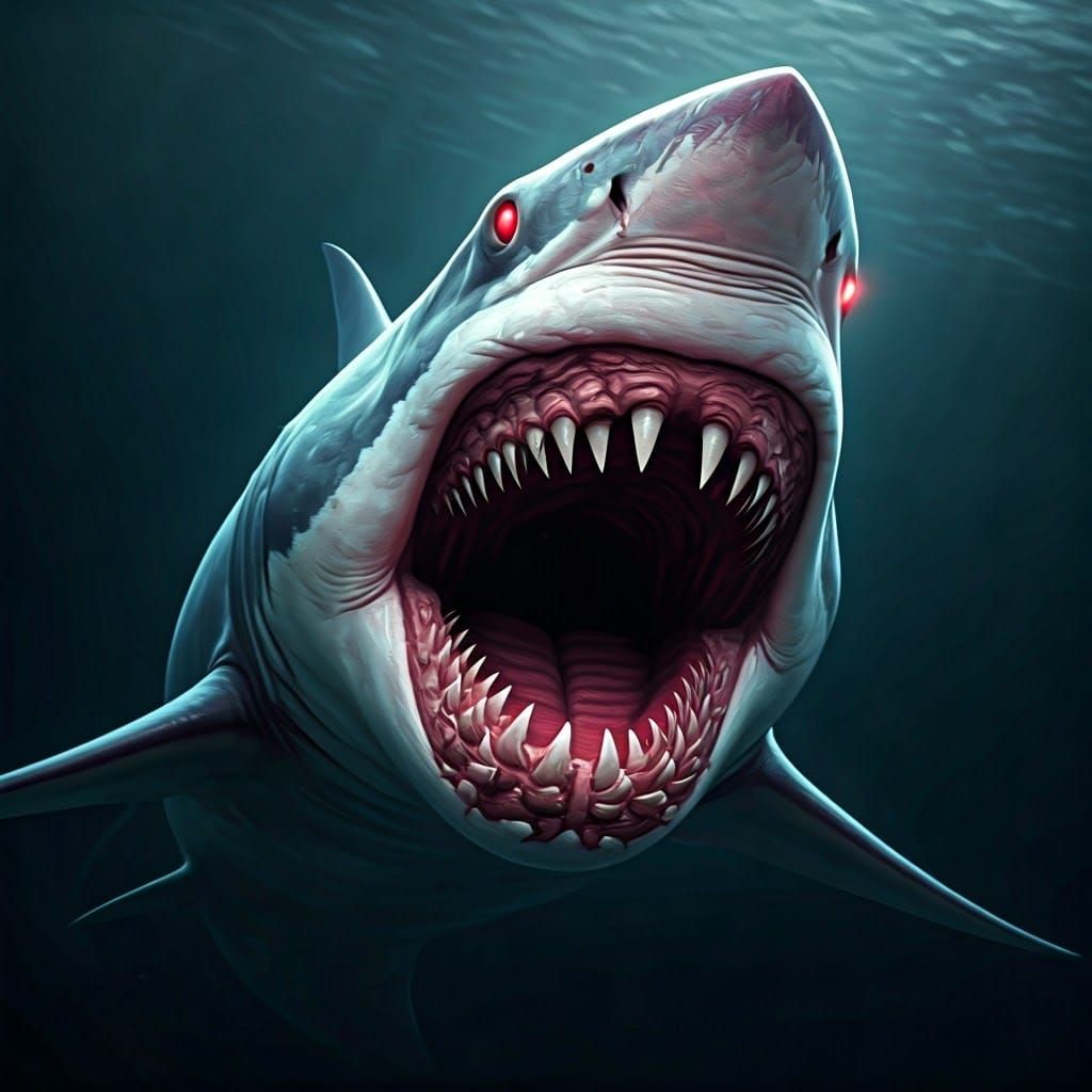 Ghostly Albino Megalodon Shark Breaches Murky Ocean Depths