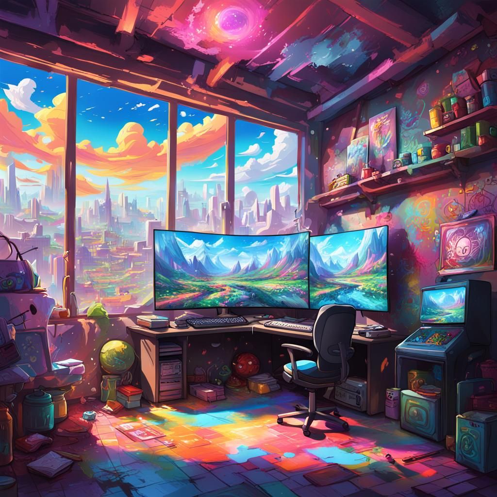 Anime Gaming Room with Fantasy View in Graffiti Style