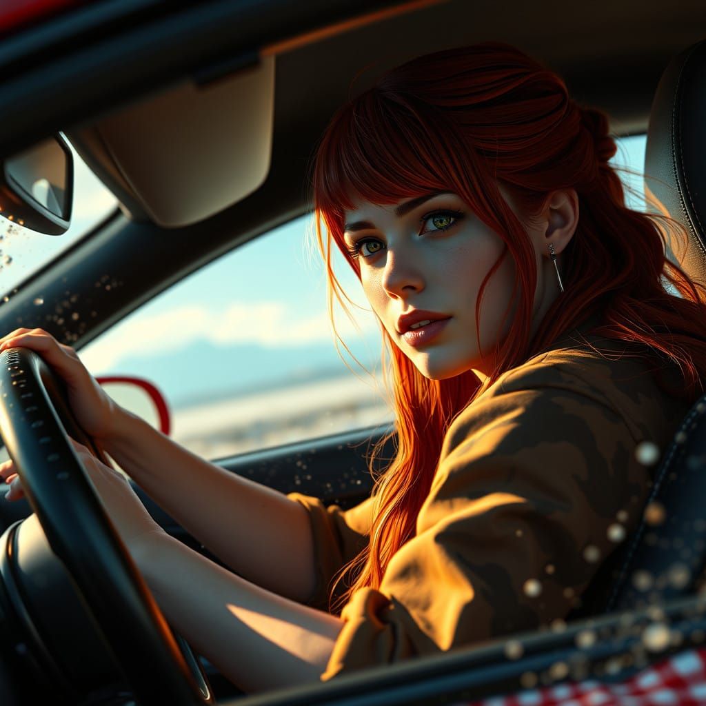 Fantastical Redhead in a High-Tech Sports Car