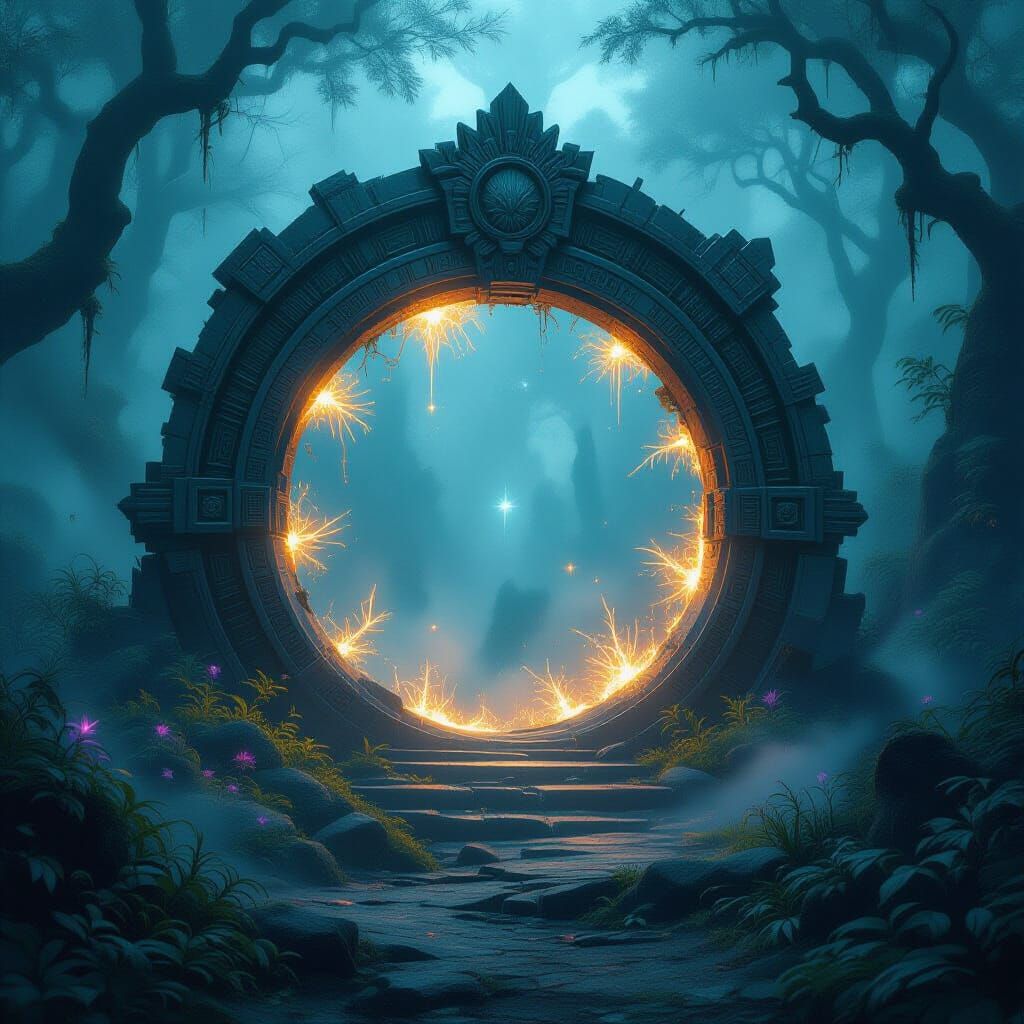 Obsidian Stargate in Dreamlike Forest: Dark Fantasy Art