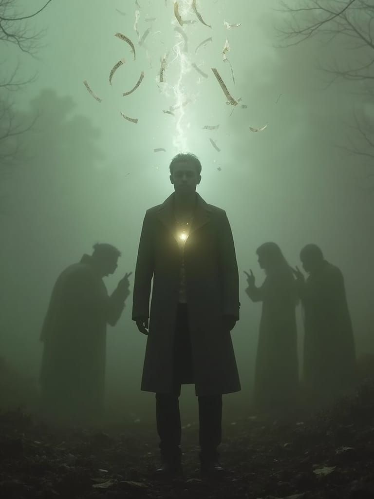 Mystical Figure in Foggy Landscape: Cinematic Lighting