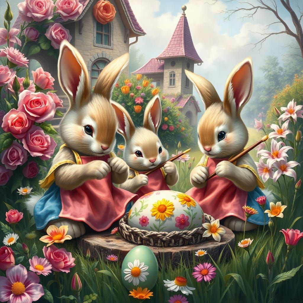 Bunnies Painting Easter Eggs in Ethereal Meadow